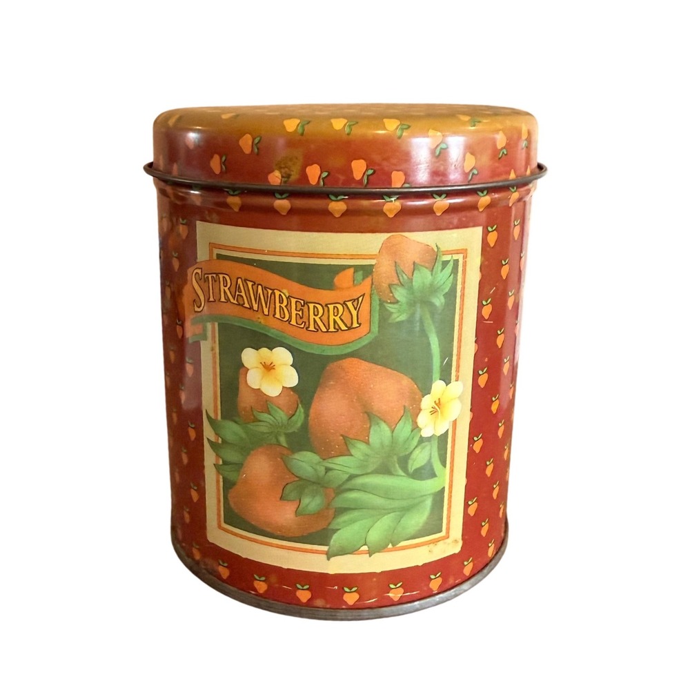 Vintage Strawberry Metal Storage Tin Round Red Fruit Canister Kitchen Decor
